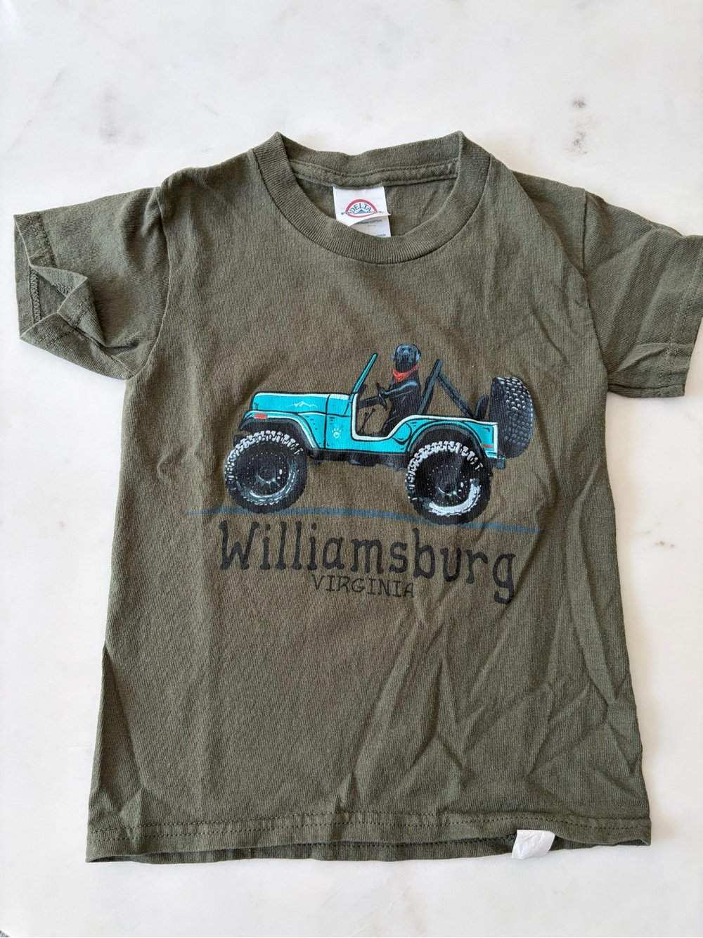 Delta Olive Green Youth Tee with Red and Blue Logo